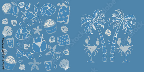 A collection of seaside themed illustrations on a blue background