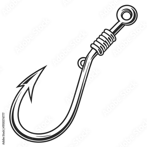 A detailed illustration of a fishing hook with a barbed point and a coiled shank Vector
