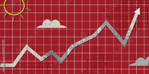 Abstract illustration featuring a rising graph sun and clouds on red