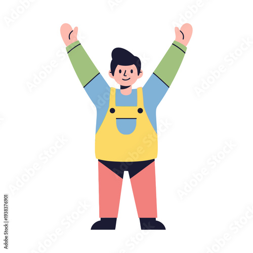 Happy Cartoon Boy with Arms Raised in Celebration