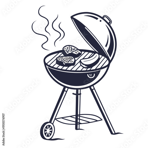 A black and white illustration of a grill with sizzling food on it. Vector
