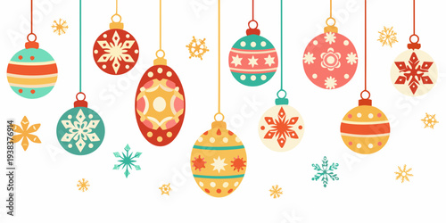 Colorful christmas ornaments and snowflakes hanging from above on white