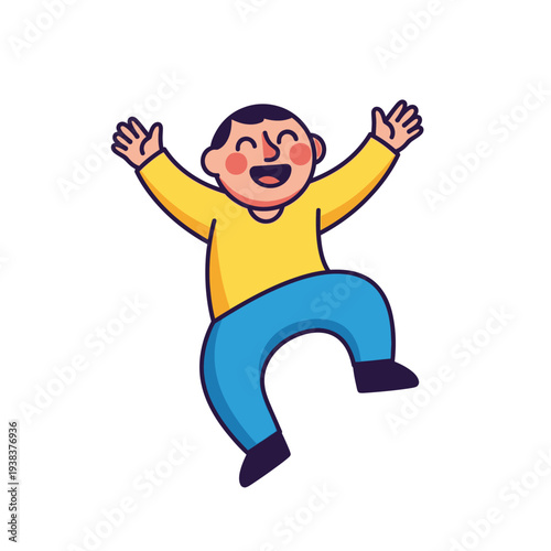 Happy Cartoon Man Jumping with Arms Raised, Joyful Celebration, Isolated on White