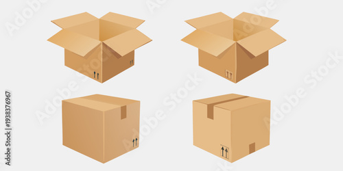 Four cardboard boxes displayed from different angles on a gray background