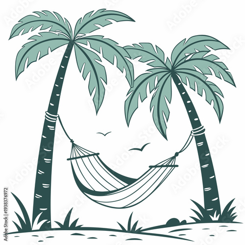 A person relaxing in a hammock between two palm trees on a sunny day. Vector