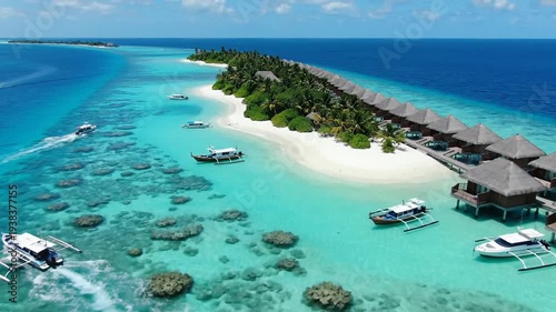 Wallpaper Mural Aerial Drone View of Tropical Island Resort with Overwater Bungalows and Turquoise Water Torontodigital.ca