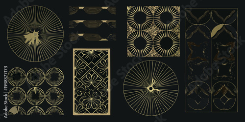 Geometric patterns and floral designs arranged in a dark stylistic composition