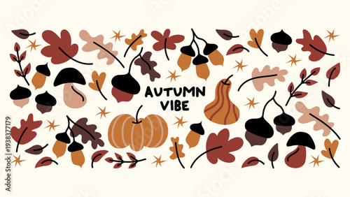 Autumn sticker set with colorful leaves, mushrooms, pumpkins and acorns. Cozy fall with oak and maple foliage, forest plants and harvest elements for planners, scrapbooking and seasonal decoration.
