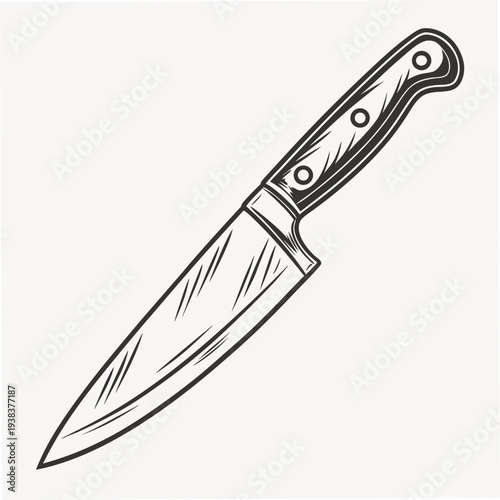 A detailed sketch of a chef's knife with a wooden handle and a serrated blade. Vector