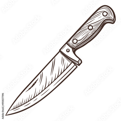 A detailed sketch of a large chef's knife with a wooden handle and a serrated blade. Vector