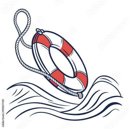 A red and white life preserver floating on blue ocean waves with whitecaps. Vector