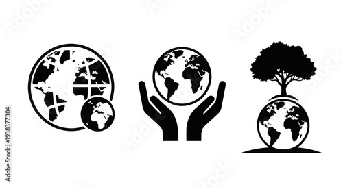 Environmental Protection Icons Featuring Planet Earth in Caring Hands a Tree and Global Concepts