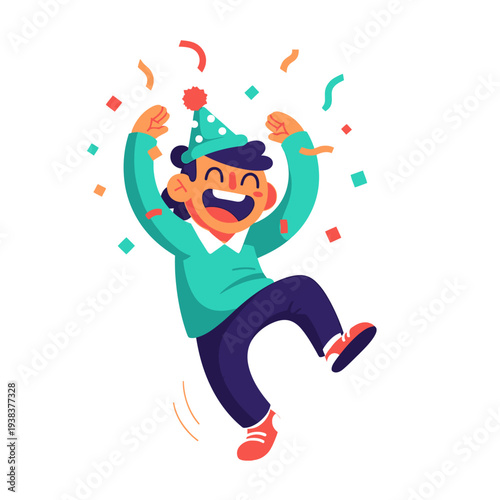 Joyful child celebrating, jumping with confetti and party hat, isolated on white