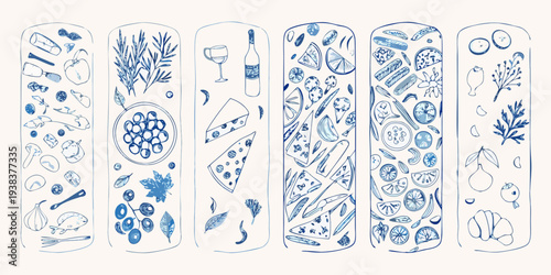 Blueprint style illustrations depict various food items in vertical panels
