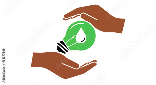 Human Hands Protecting a Green Light Bulb with a Water Drop Symbolizing Energy and Water Conservation Concept