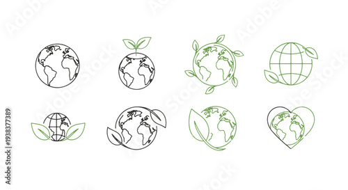 Planet Earth Icons with Natural Green Leaves and Sprouts Symbolizing Global Environmental Care and Sustainable Ecology Concepts
