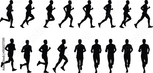 Running man silhouettes set, male runner jogging poses, athlete training motion, fitness sport people silhouette isolated on white background