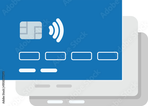 A blue credit card illustration displays a chip and contactless payment symbol suggesting modern financial technology high quality professional detailed elegant