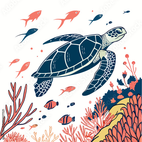 A majestic sea turtle gracefully swimming amidst vibrant coral and tropical fish. Vector