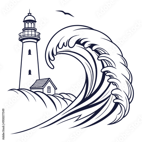A majestic lighthouse standing tall against a powerful wave crashing on the shore Vector
