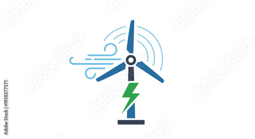 Stylized Wind Turbine Generating Clean Electric Power from Natural Wind Currents Highlighted by a Green Lightning Bolt