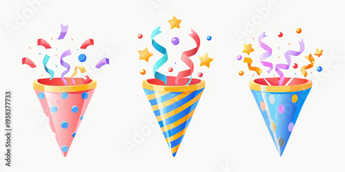 Colorful party poppers with confetti and streamers bursting upwards