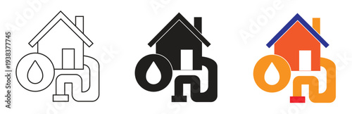 Set of three icons representing plumbing services for a home with a water drop and pipe element, presented in outline, solid black, and colorful options for design.