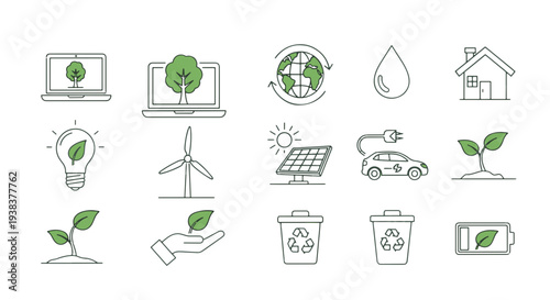Comprehensive Set of Eco friendly Sustainable Technology and Nature Icons for Environmental Projects and Green Living Concepts