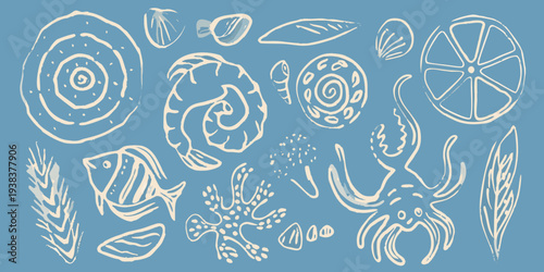 Whimsical hand drawn illustration of various sea creatures and citrus fruit