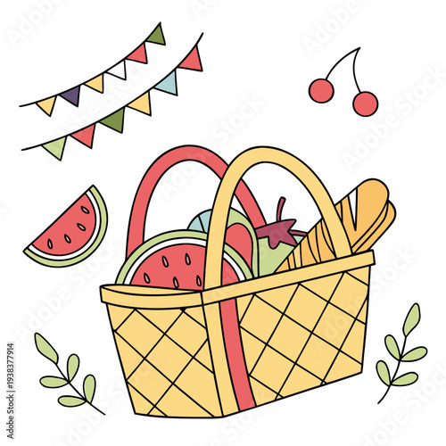A vibrant picnic basket filled with fresh fruits and a variety of delicious foods. Vector