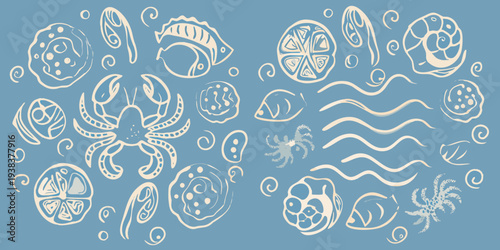 Stylized illustration of various marine life and oceanic elements