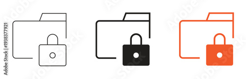 Set of three modern folder lock icons in outline, filled black, and solid orange variations representing security, privacy, and data protection concepts for digital interfaces