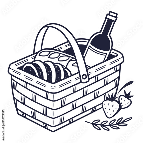 A wicker picnic basket filled with assorted food items and a bottle of wine. Vector