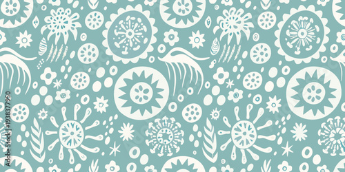 A seamless pattern of stylized floral and geometric shapes in pastel