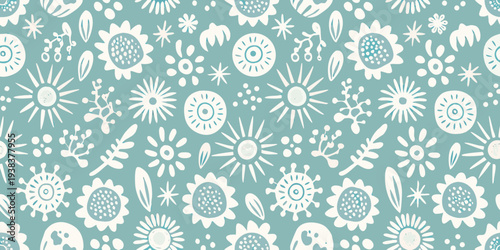 A seamless pattern of stylized white flowers and leaves on teal