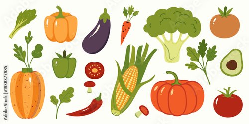 A colorful assortment of fresh vegetables and fruits in a flat design
