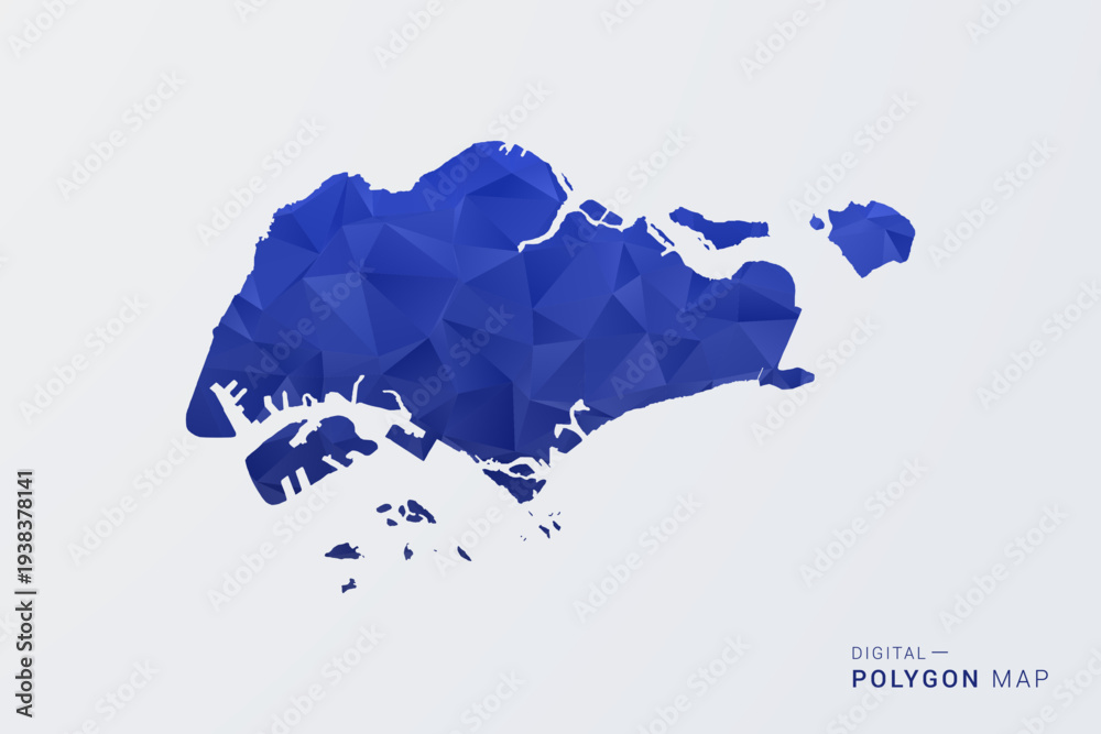 Fototapeta premium Singapore Map - Polygon Style Vector Illustration in Deep Blue Gradient, Low Poly Geometric Design, Clean Silhouette Isolated on White Background for Infographics.