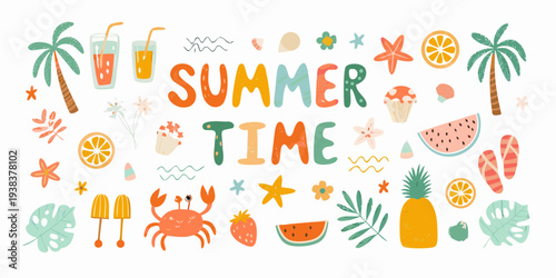 Colorful summer illustration with tropical fruits drinks and beach elements