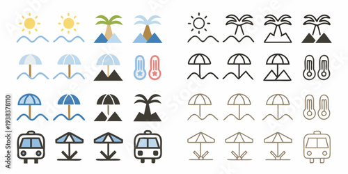 Collection of colorful summer vacation and travel related icon illustrations