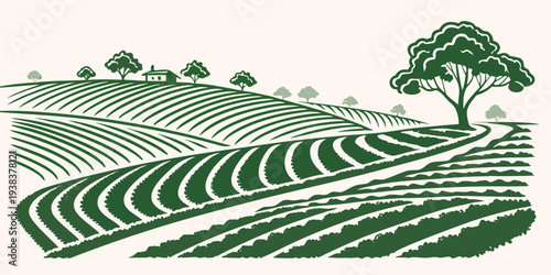 A serene landscape of rolling hills with a lone tree in the distance Vector