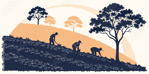 A serene landscape featuring a herd of elephants in a natural habitat with trees and hills Vector