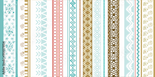 Colorful geometric patterns arranged in vertical stripes creating a vibrant design