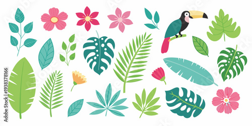 Tropical flowers leaves and a toucan in a colorful illustration