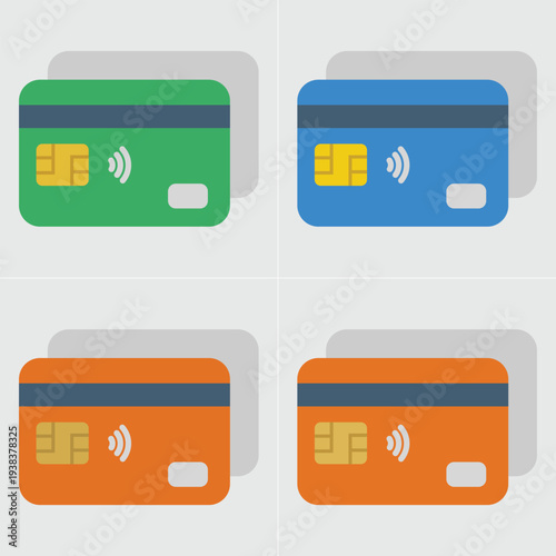 A grid displaying four stylized credit cards with chip magnetic stripe and contactless symbols high quality professional detailed modern elegant stylish