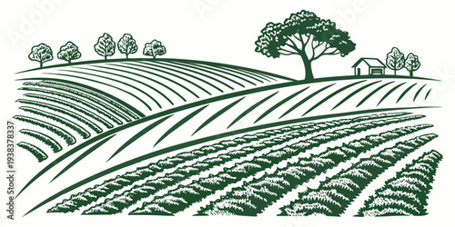 A serene landscape of rolling hills and scattered trees under a clear sky. Vector