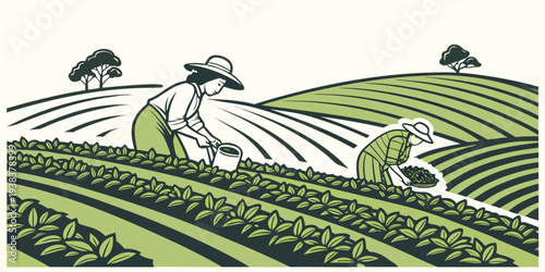 A serene landscape of rolling hills and lush green fields under a clear sky Vector