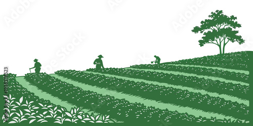 A serene landscape with rolling hills, a winding path, and a solitary tree in the distance Vector