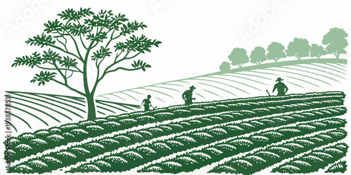 A serene landscape with a single tree standing tall in the middle of a vast field Vector