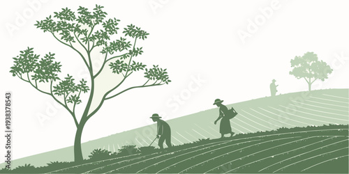 Two horses grazing peacefully in a lush green field under a clear blue sky. Vector