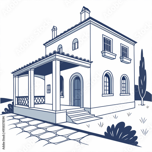 A charming two-story house with a welcoming porch and a well-maintained garden Vector